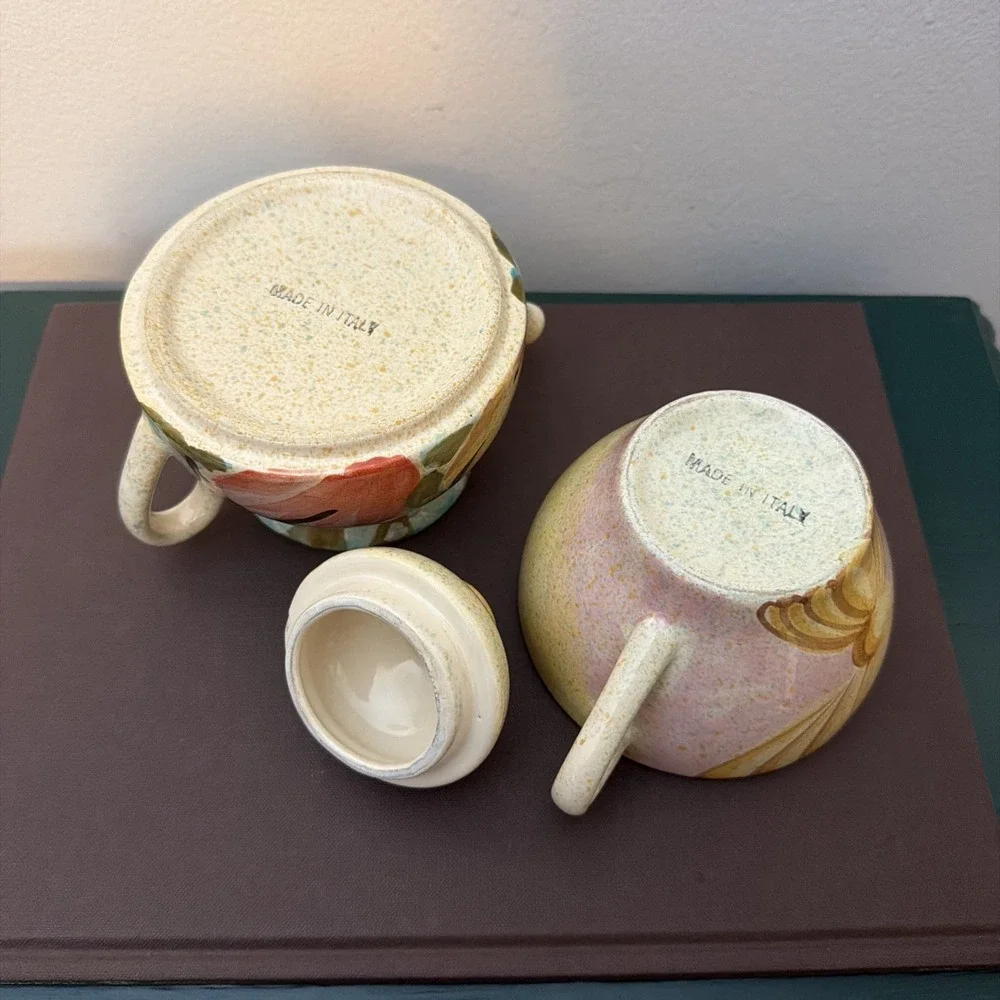 Italian Pottery Stacking Teapot & Cup Set Hand Painted cottagecore Tea for One